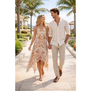 VTG Y2k Lucky Brand Tank Shark Bite Dress Pineapple Floral Pink Orange White MED